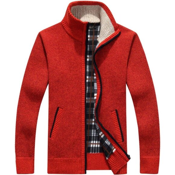 Men's Red Casual Slim Full Zip Knitted Polyester Cardigan Sweater with Pocked - Picture 1 of 5